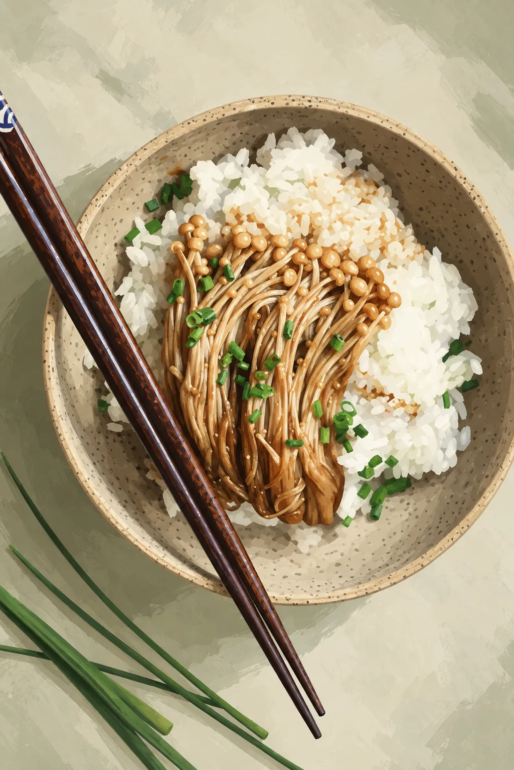 Painterly Mushroom Rice Bowl with Chopsticks