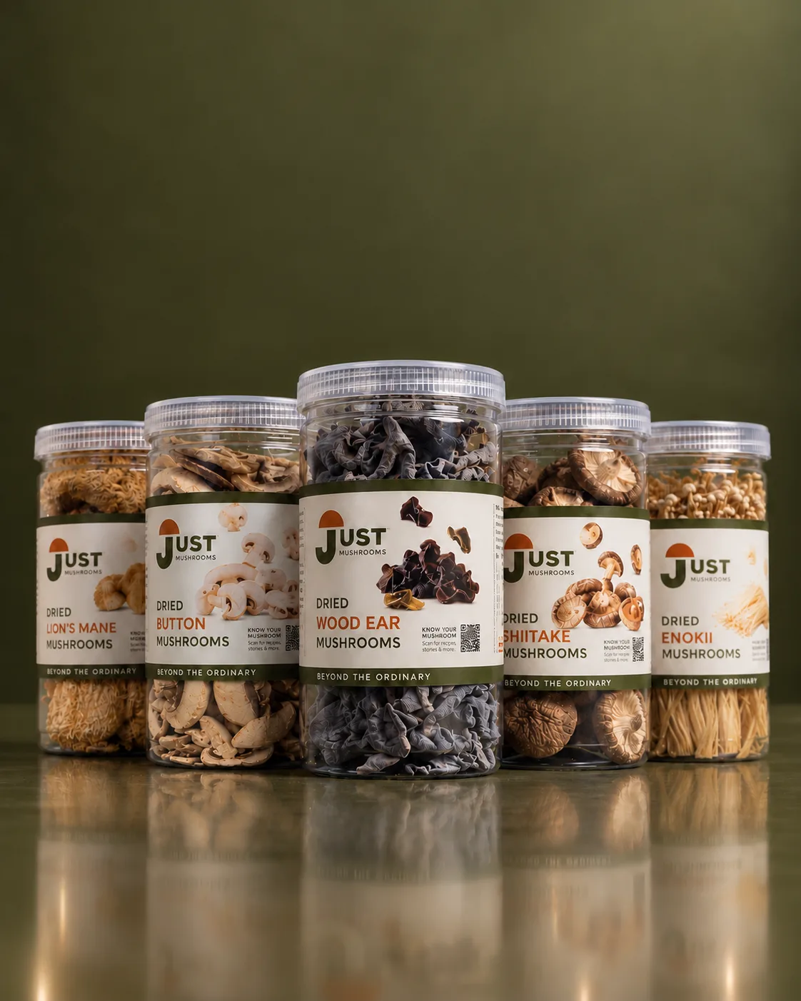 Just Mushrooms packaging with fresh and dried mushrooms